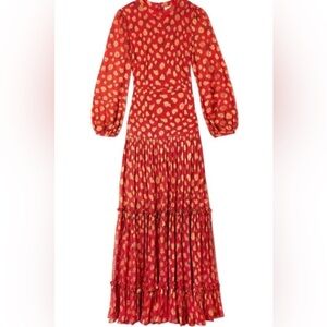 RIXO Red Pleated Tiered Gown with Mock Neck